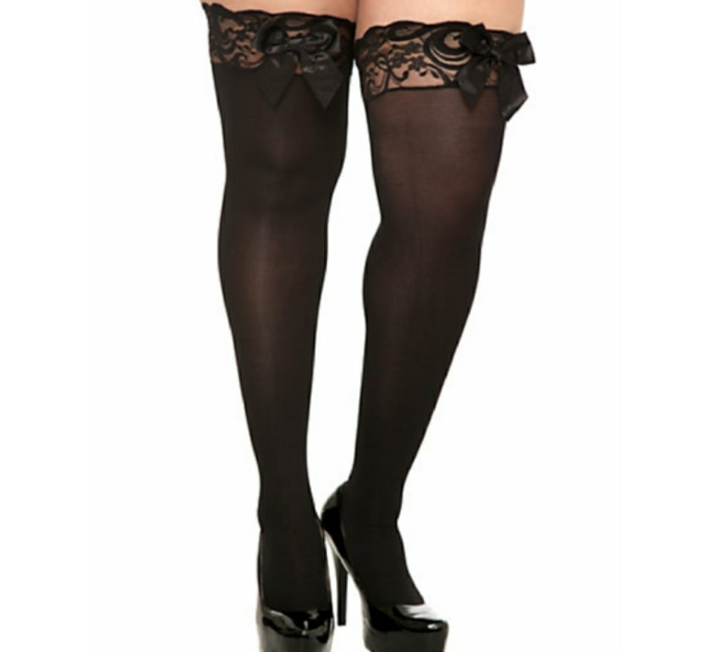 Torrid Black Opaque Lace Trim & Bow Thigh Tights